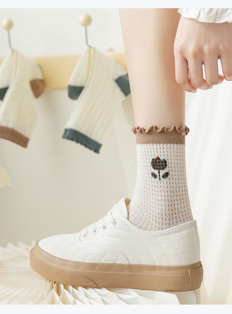 薄袜子女袜子女中筒袜春夏季棉底薄款透气网眼森系日系木耳边长袜ins