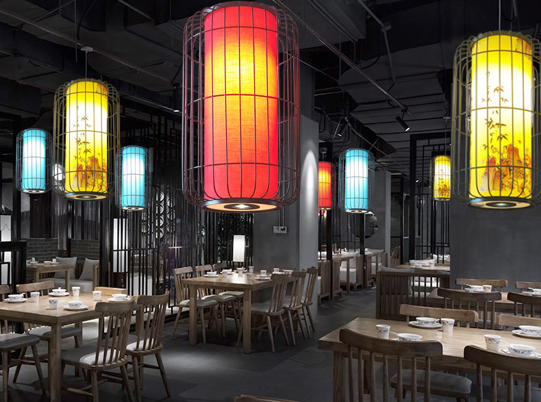 中式复古火锅店吊灯铁艺鸟笼带射灯中国风饭店餐厅过道定制红灯笼中式