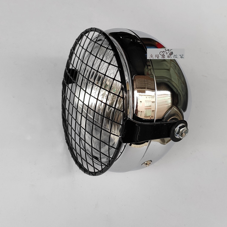 适用于cg125摩托车复古大灯改装带罩 gn125复古前照灯 铁壳带罩黄色圆