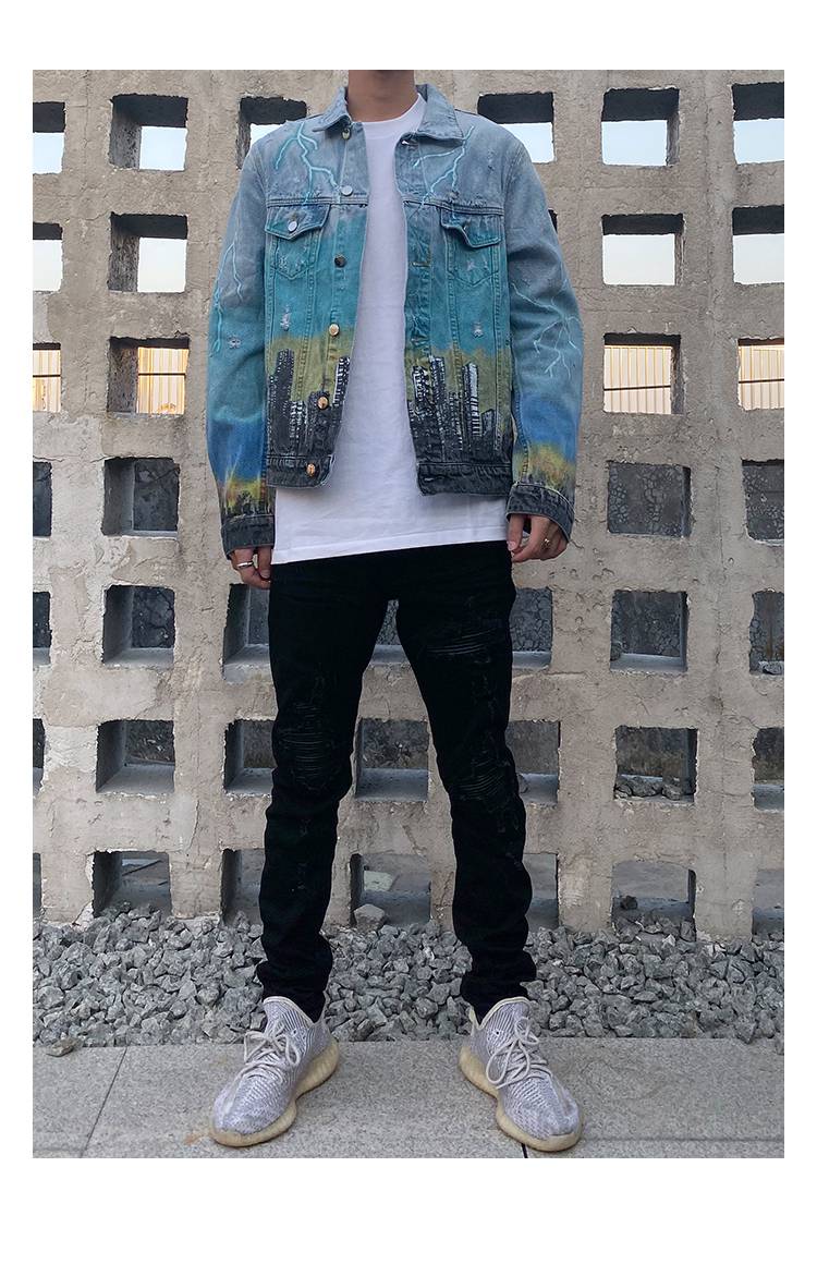 amiri牛仔外套男三头龙基多拉恐龙水洗破洞扎染牛仔开衫夹克男秋冬季