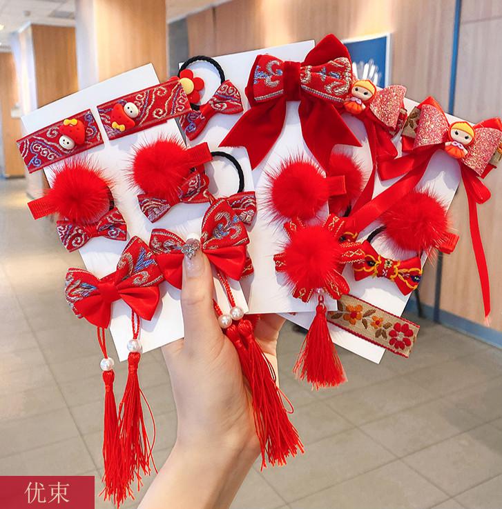 优束 儿童古风新年发夹女童过年中国风头花红色发卡宝宝汉服蝴蝶结