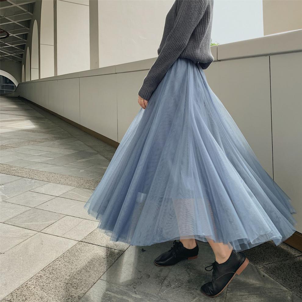 矮个子女士网纱裙半身裙春秋季半截裙子春夏季长裙中长款百褶裙仙女大