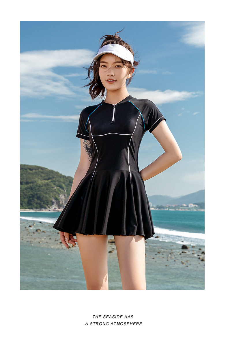 361度泳衣女遮肚显瘦连体裙式泳衣新冬季泡温泉游泳装 黑色 xl 建议