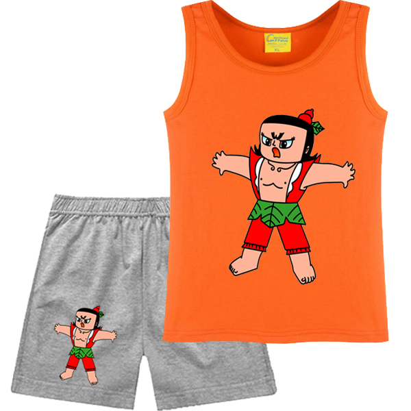 男童套装夏小童葫芦娃衣服女宝宝卡通无袖背心短裤休闲运动套装 黄衣