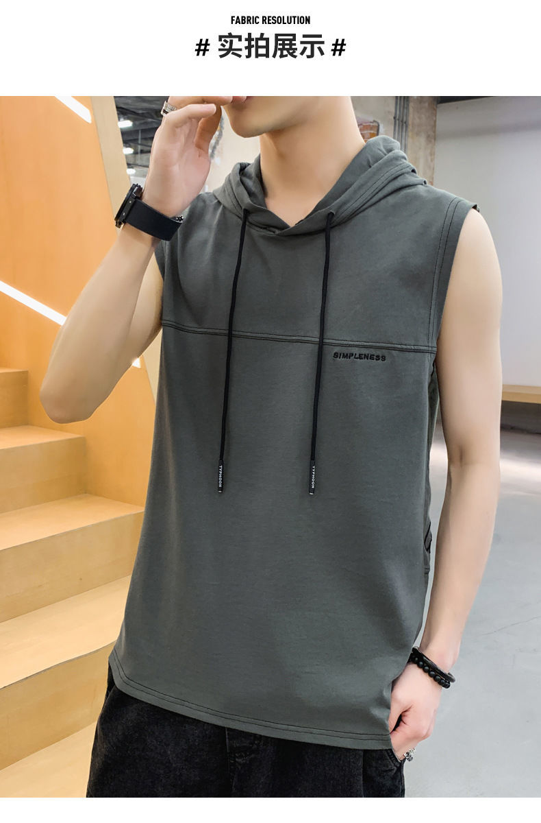 戴帽卫衣男无袖夏无袖连帽男短袖宽松套头卫衣色运动健身坎肩刺绣338