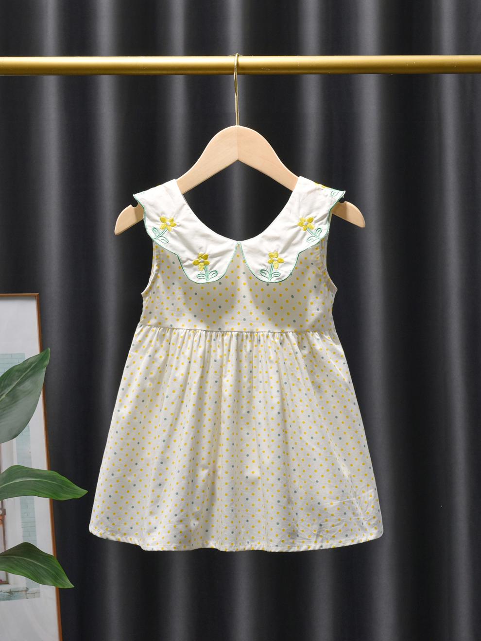 福郎特女童夏季背心裙小女孩清凉甜美绣花连衣裙儿童圆点薄款长裙夏装