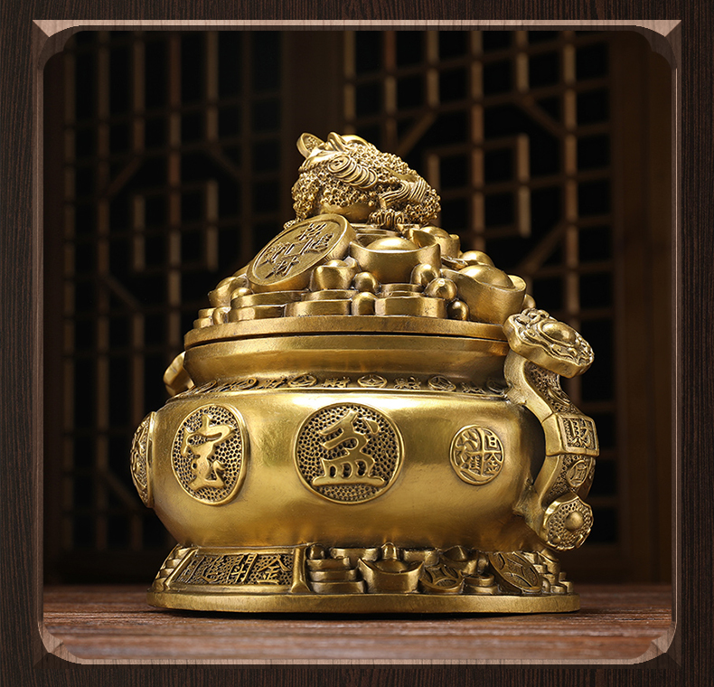 纯铜聚宝盆金蟾摆件三足金蝉蟾蜍风水客厅装饰家居财位存钱罐纯铜金蟾