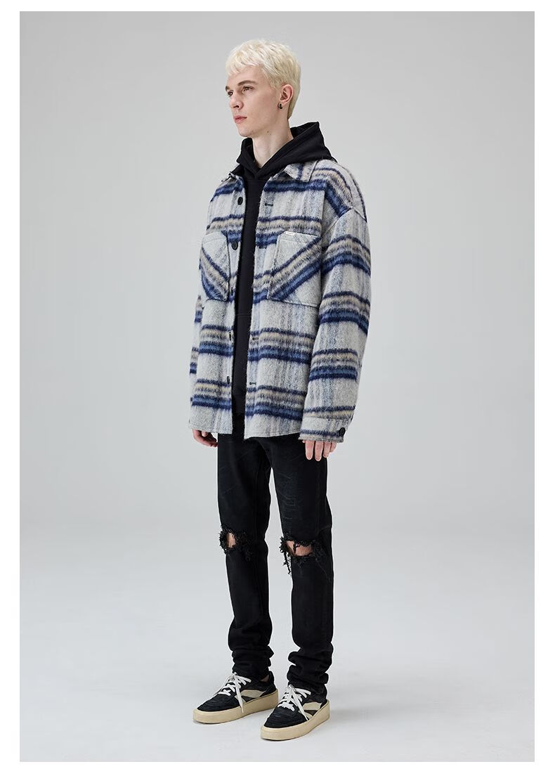 climax vision长毛呢格子衬衫外套美式高街复古男女同款夹克潮牌 黑