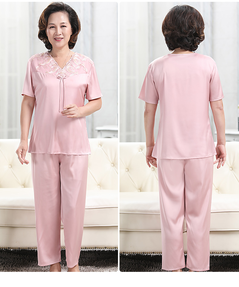 恒源祥妈妈夏天穿的睡衣妈妈睡衣女夏季薄款短袖冰丝缎面中老年人大码