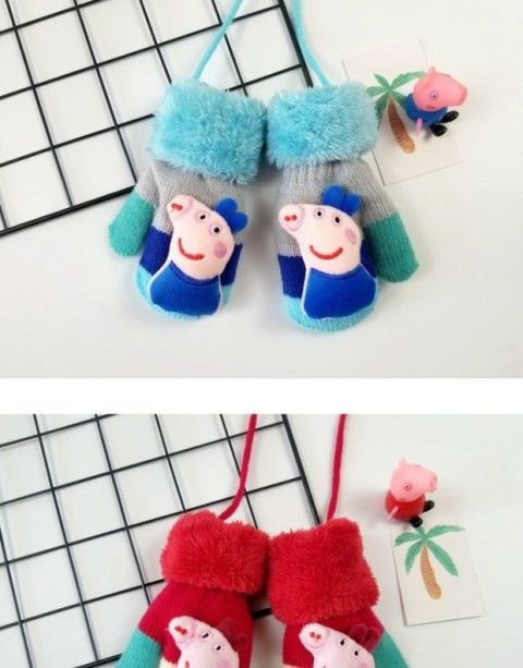 迪士尼/disney 棉加厚 小猪佩奇连指手套女冬可爱韩版卡通包指挂脖