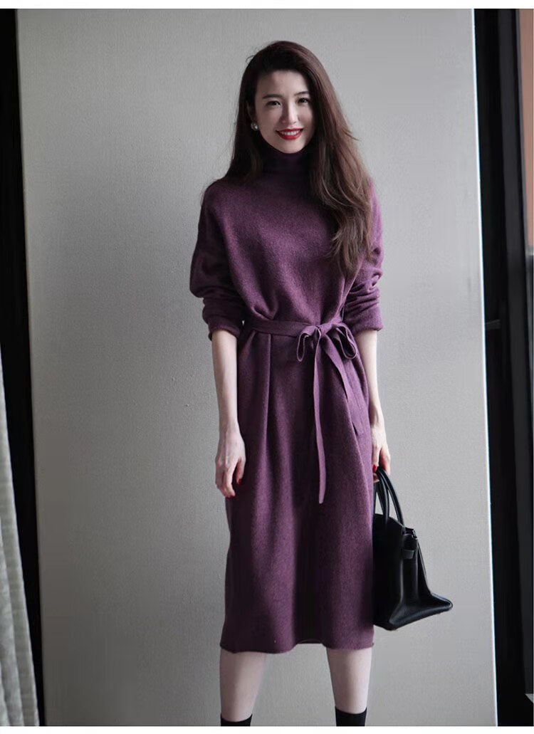 子牧棉麻早春女法式复古针织打底内搭长裙收腰毛衣连衣裙0775紫色xl