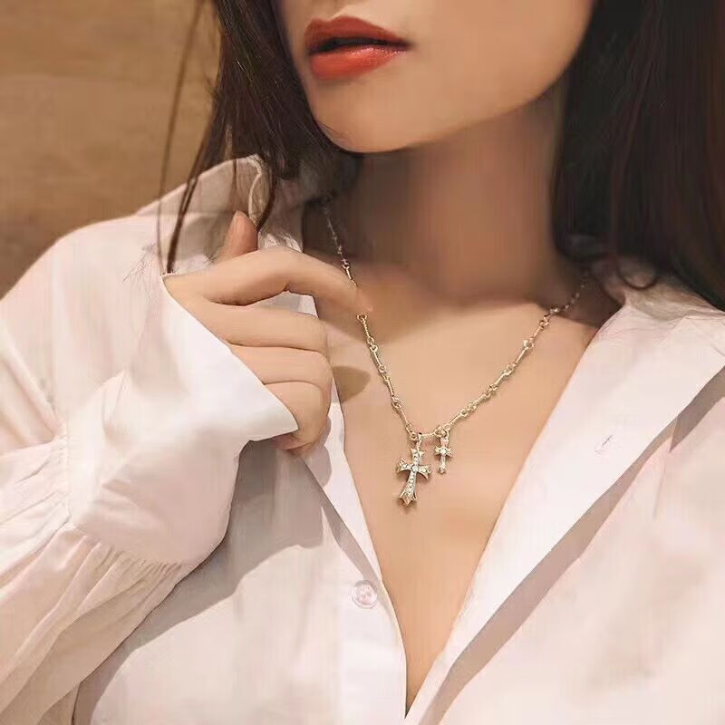 项链复古男 时尚简约 银镶钻锁骨链 女 双十字架吊坠 金色带钻55厘米