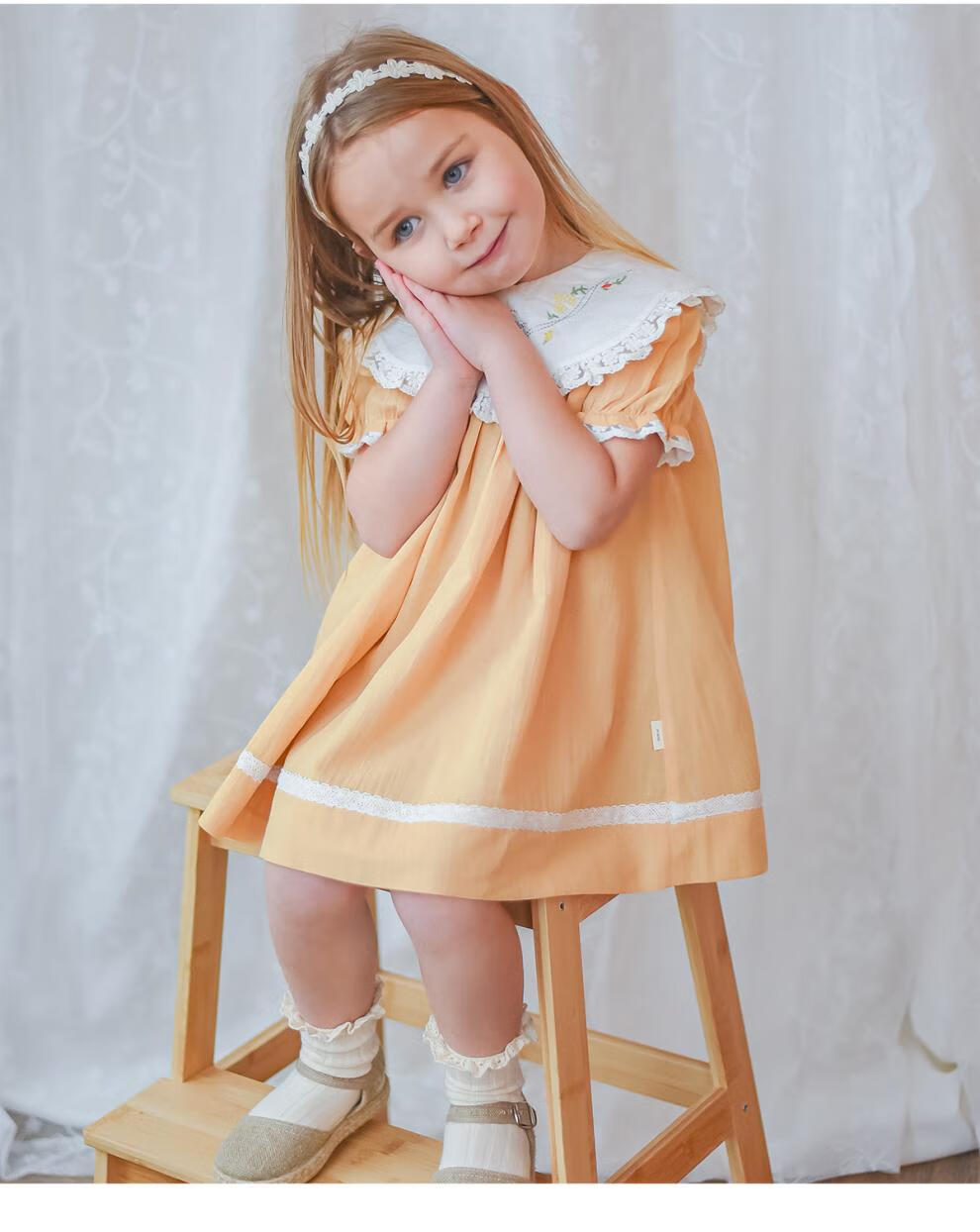 happyology英国女童短袖连衣裙绣花领夏季裙子英伦儿童纯棉连身裙奶油