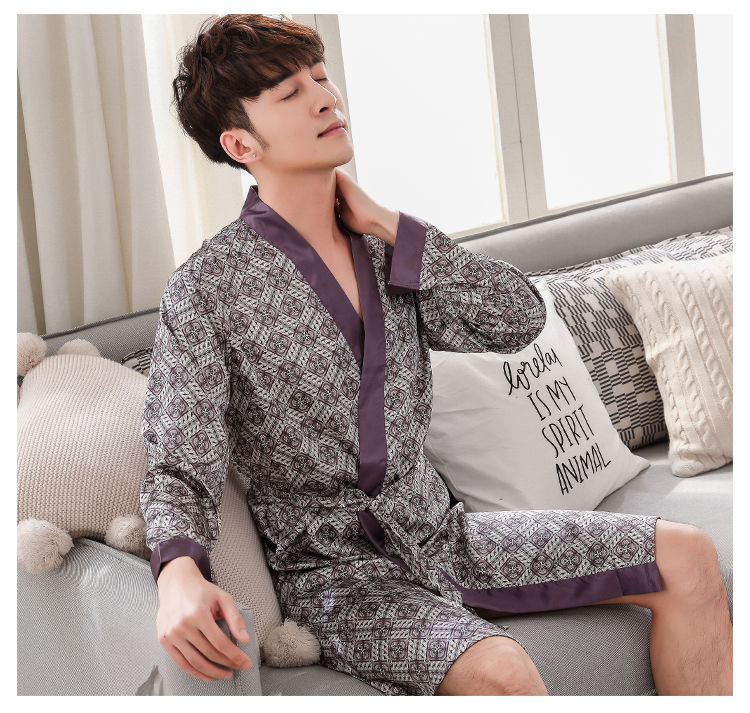 60夏季男款薄款冰丝质短袖睡袍男士加大码浴袍男仿绸和服家居服417