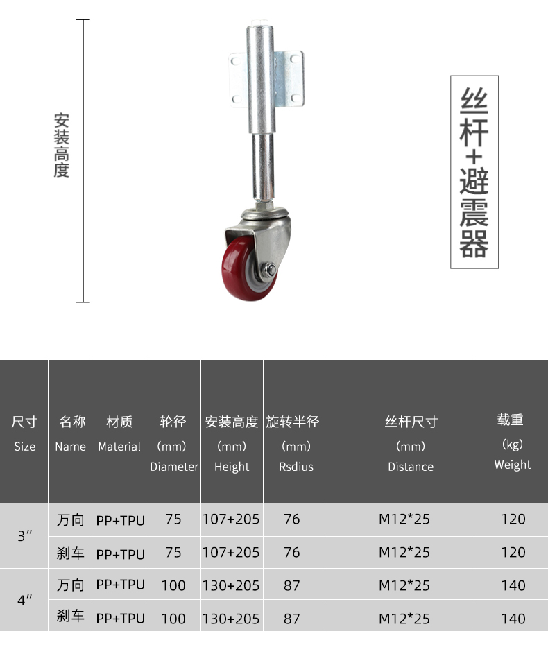 脚轮重型可伸缩脚轮轮子不锈钢调高低升降1寸大门万向底部高于38mm
