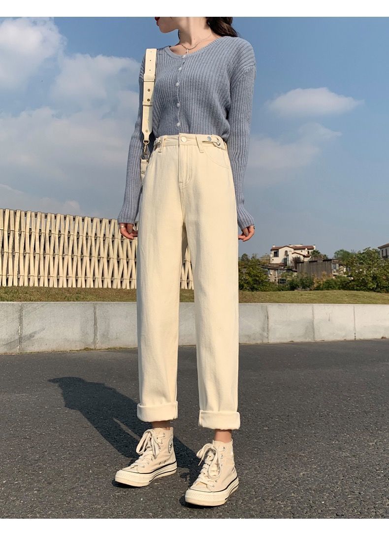 阔腿裤女冬款装高腰白色牛仔裤女直筒宽松秋显瘦杏色阔腿九分米色老爹