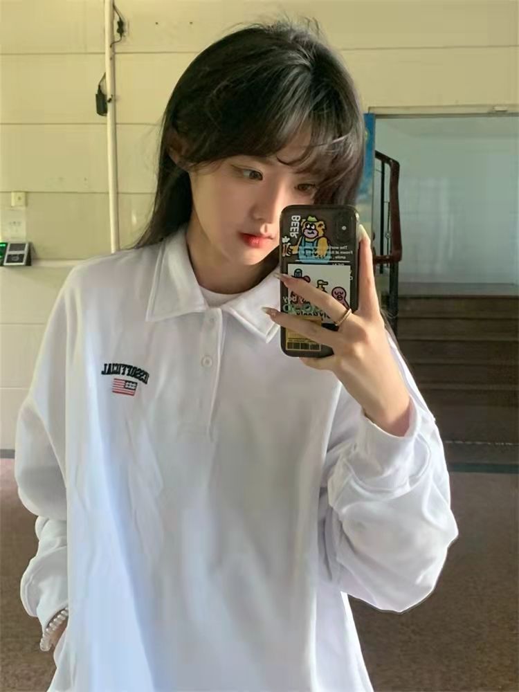 卫衣女美式复古外套秋冬卫衣潮女设计感小众领长袖刺绣上衣白色xxxxs