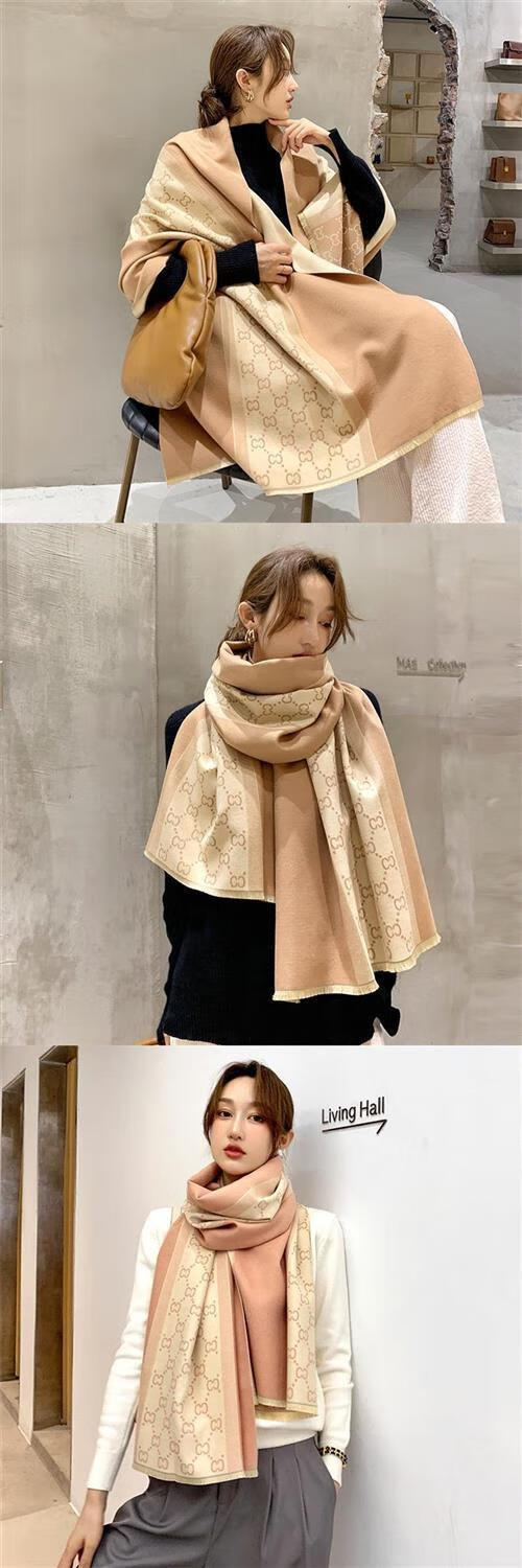 轻奢酷奇围巾女冬季百搭双面羊绒披肩外搭黑白时尚秋冬保 y14-米灰