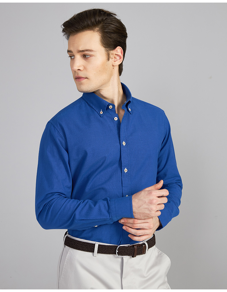 意大利恺米切男士长袖衬衫深蓝色时尚版休闲百搭时尚版蓝色纽扣领扣领