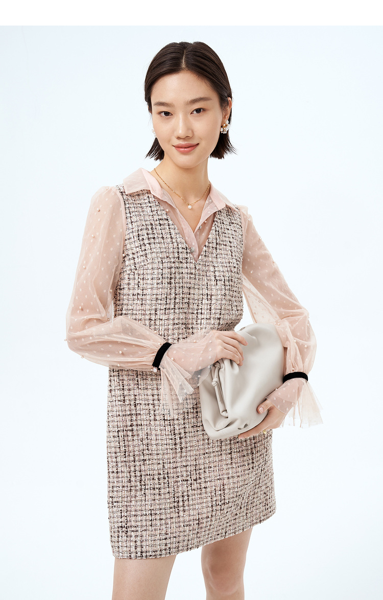 insun恩裳2021年春季新款花纱衬衫领长袖拼接小香风假两件连衣裙 粉色