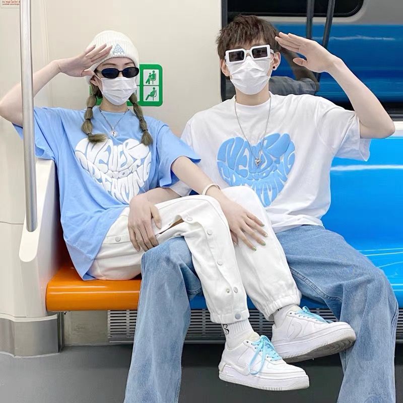 缘多穗夏季情侣装短袖t恤薄款夏季设计感小众爱心发泡浅奶油蓝色短袖