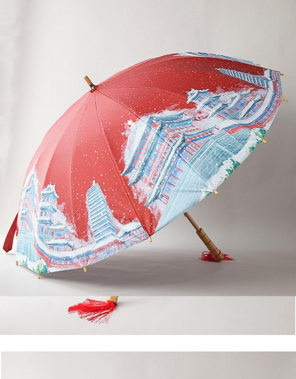 风复古竹杆长柄晴雨伞 px1485宫墙红三折8骨双层印花【图片 价格 品牌