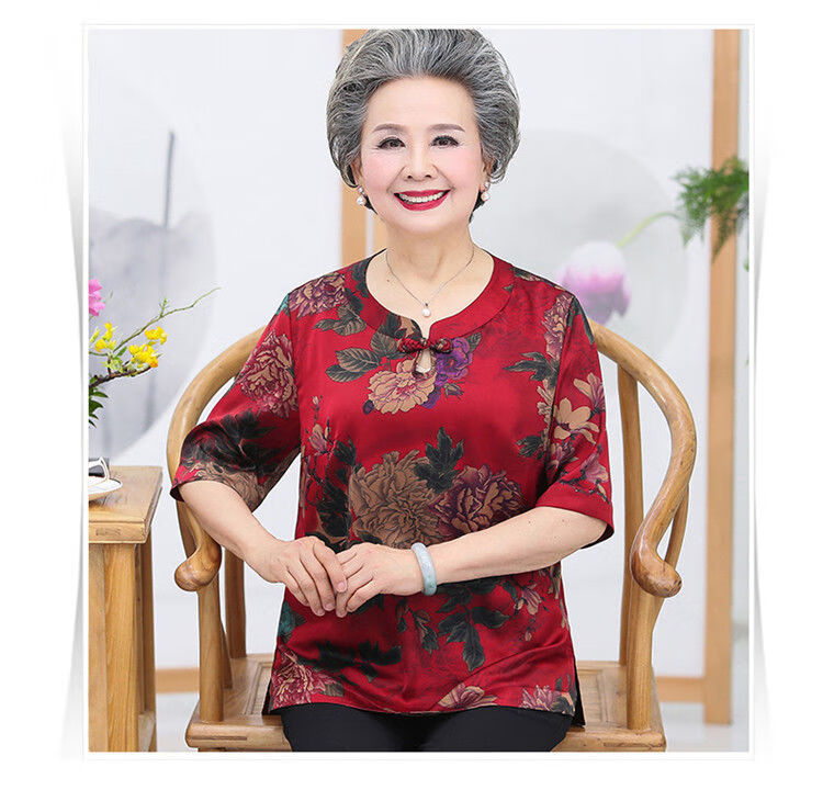 福太太中老年服装妈妈夏装加肥加真丝绸缎短袖t恤上衣中老年人女奶奶
