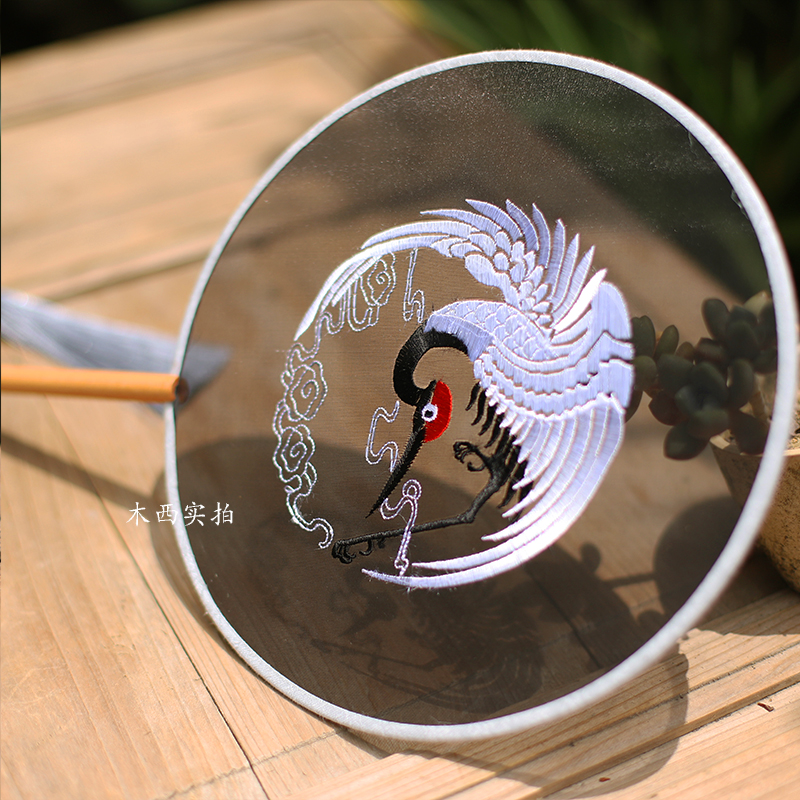 团扇刺绣古典圆扇宫扇中国汉服古风长柄流苏旗袍仙鹤真丝舞蹈扇子兰花