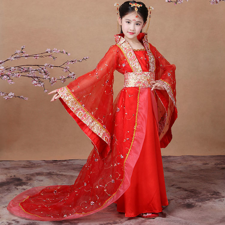 小憨鹿儿童贵妃古装拖尾 女童唐朝公主汉服裙娘娘仙女宫廷cos舞蹈演出