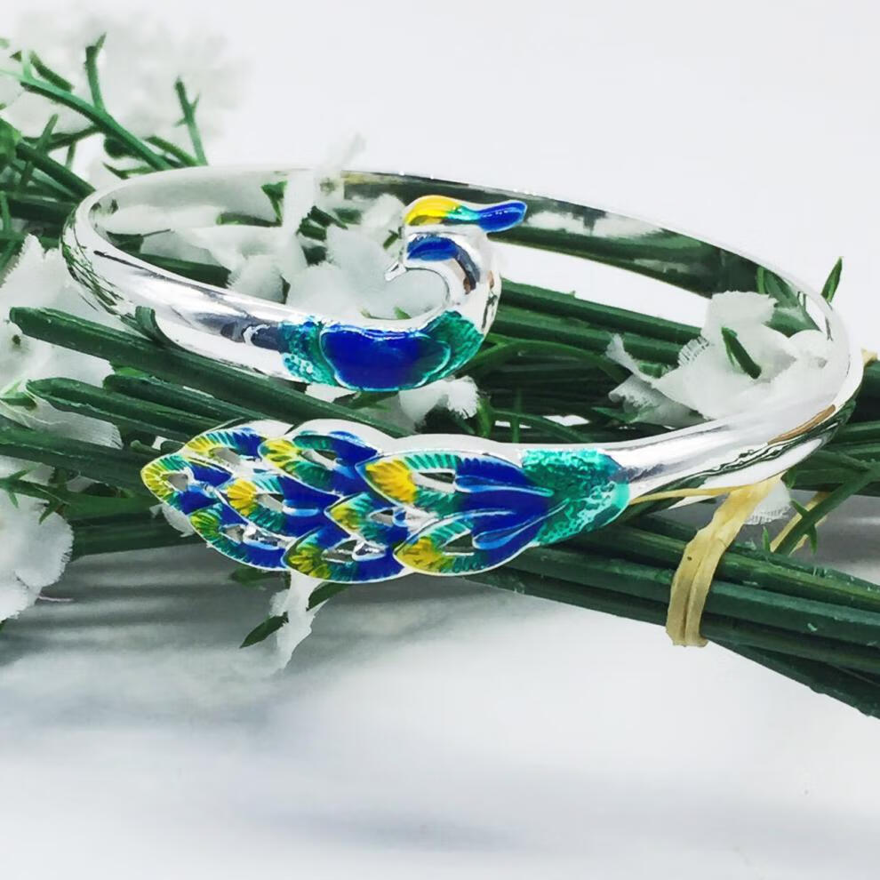 浙饰界孔雀景泰蓝银手镯花丝手工s999足银开口孔雀开屏银镯子女珐琅彩