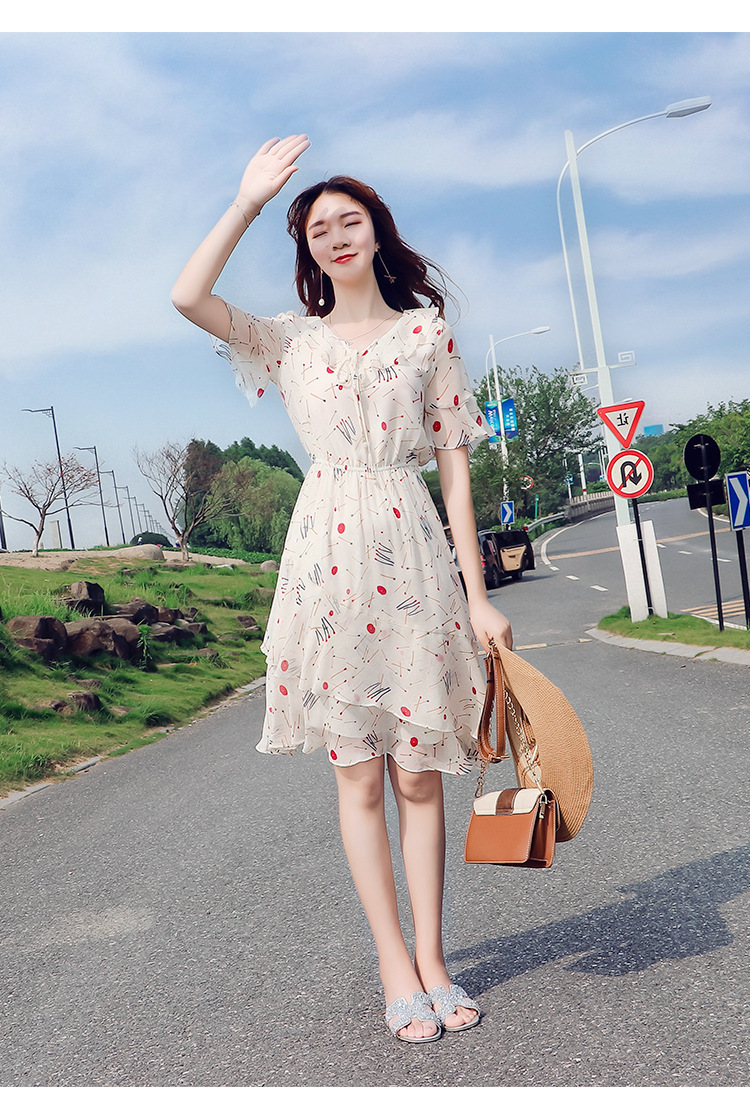 新款女装韩版小个子中长款小礼服印花时尚收腰显瘦喇叭袖小清新裙子女