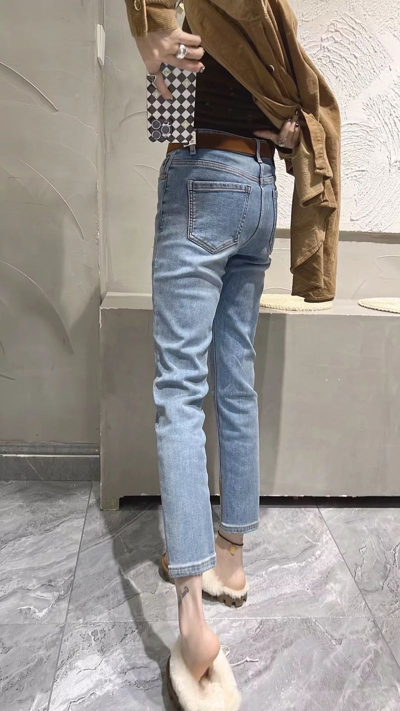 裤子女显瘦腿高腰直筒弹力百搭显标烟筒裤九分牛仔裤女蓝色s