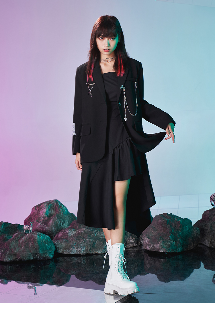 洛丽帕lolypop女装链条西装外套新款时尚长袖宽松上衣 黑色西装外套 m