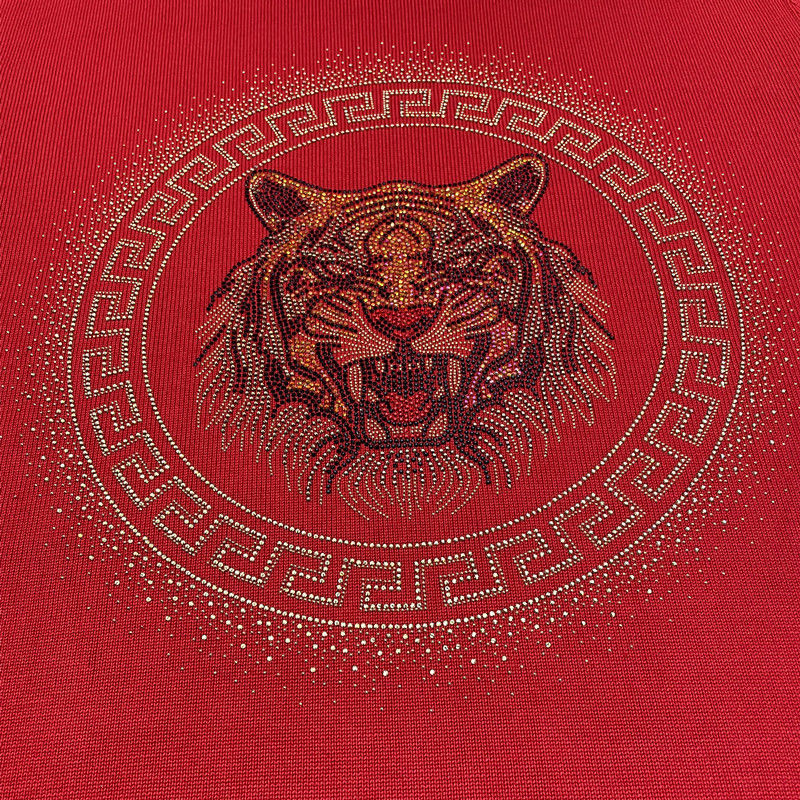 诗迪仕半截袖男冬季本命年红色老虎头烫钻针织毛衣短袖秋冬男士大红色