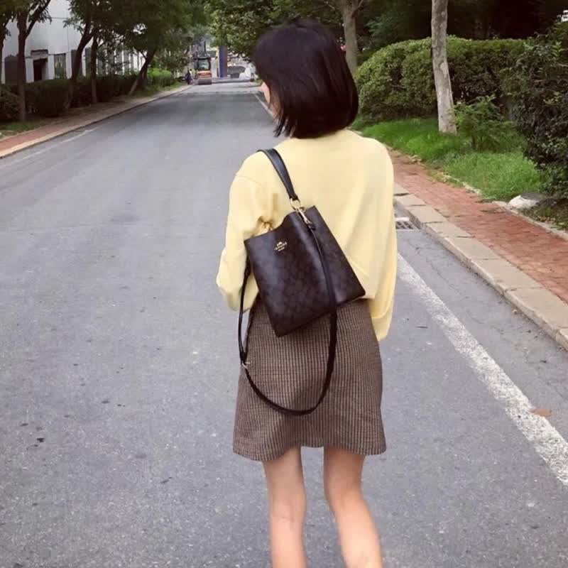 coach蔻驰town21老花帆布配皮手提单肩斜挎水桶包小号女包2312imaa8深
