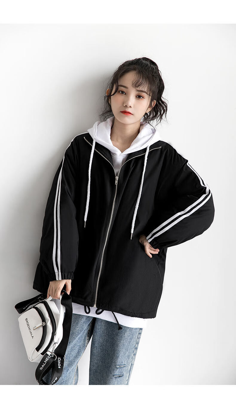 外套女韩版宽松学生bf春秋季休闲运动新款外套女ins条杠黑色上衣