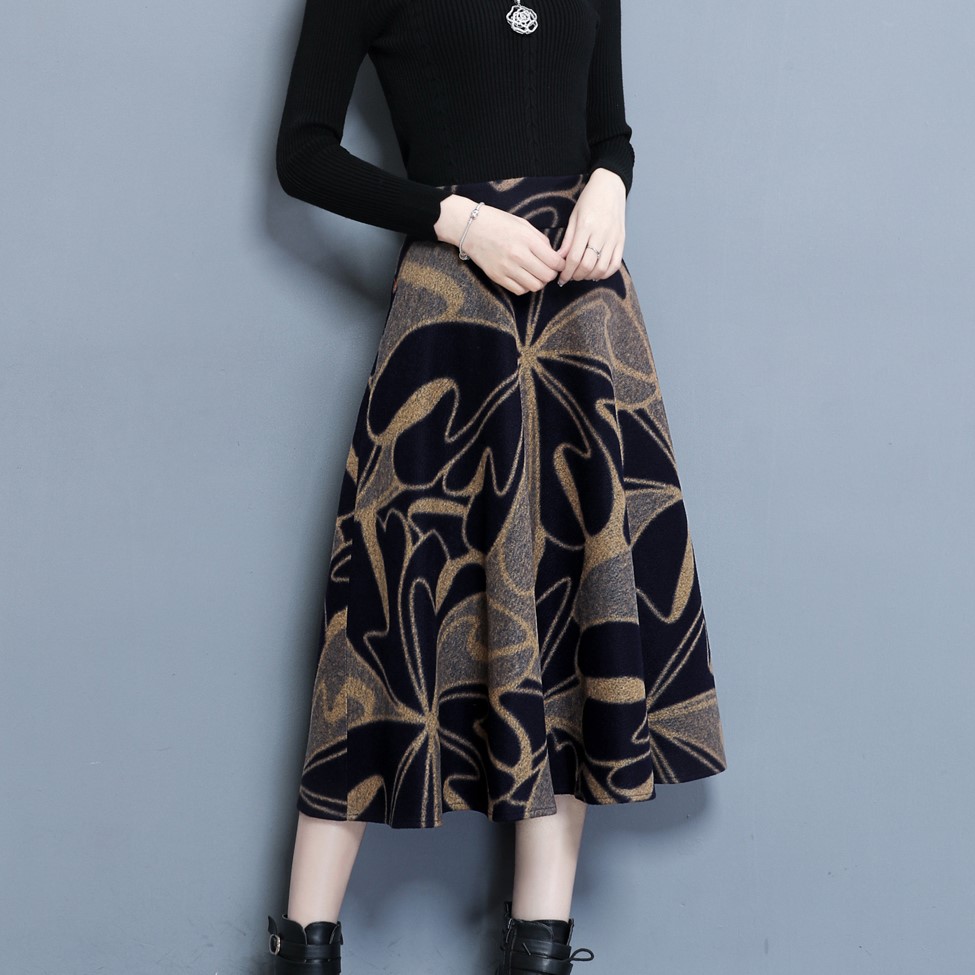 小个子妈妈冬季半身裙中年妇女裙子毛呢秋冬中a字裙印花半截裙图片色m