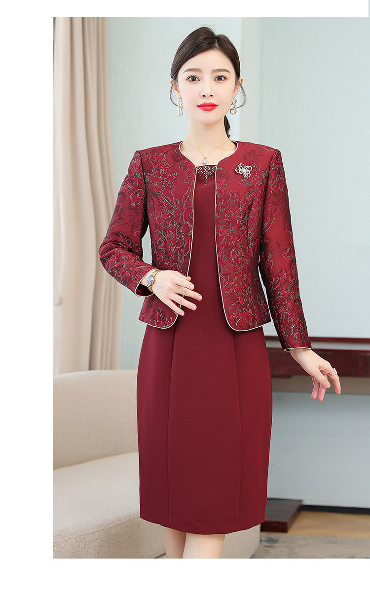 婚宴妈妈装喜婆婆时尚婚礼服连衣裙两件套胖太太红色上衣减龄冬装洋气