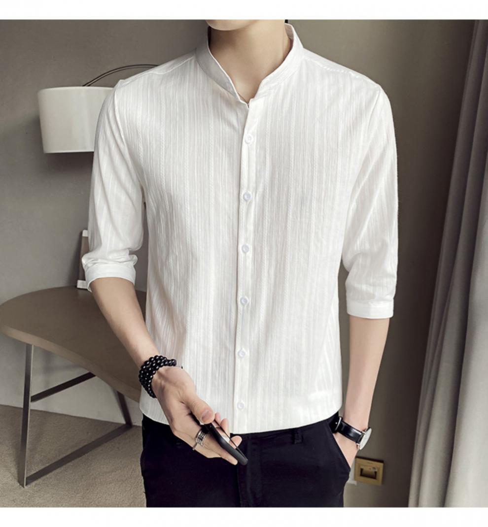 花花公子白衬衫男韩版修身七分短袖夏季薄款衬衫潮流帅气中袖立领衬衣