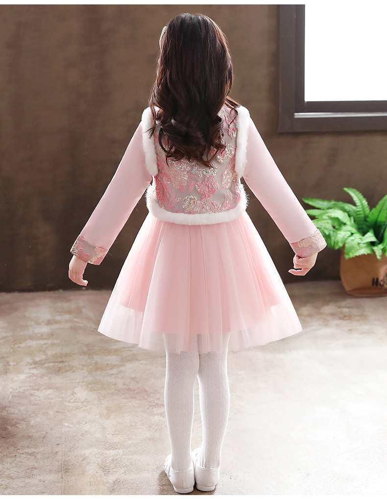 汉服女童加绒秋冬古装中国风唐装旗袍拜年服冬装儿童古风套装裙子粉色