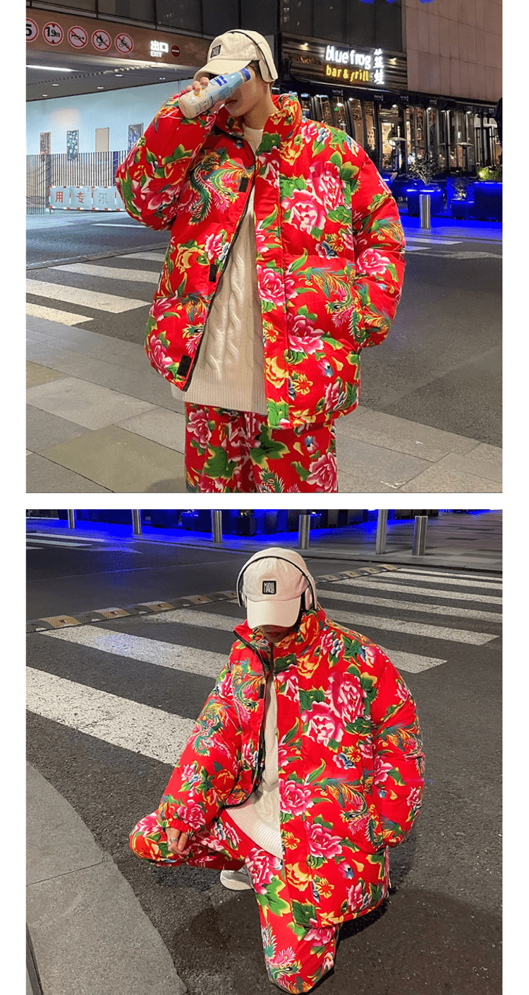 东北花衣服东北大花袄外套男冬季宽松大码棉衣情侣感休闲花棉袄 蓝色