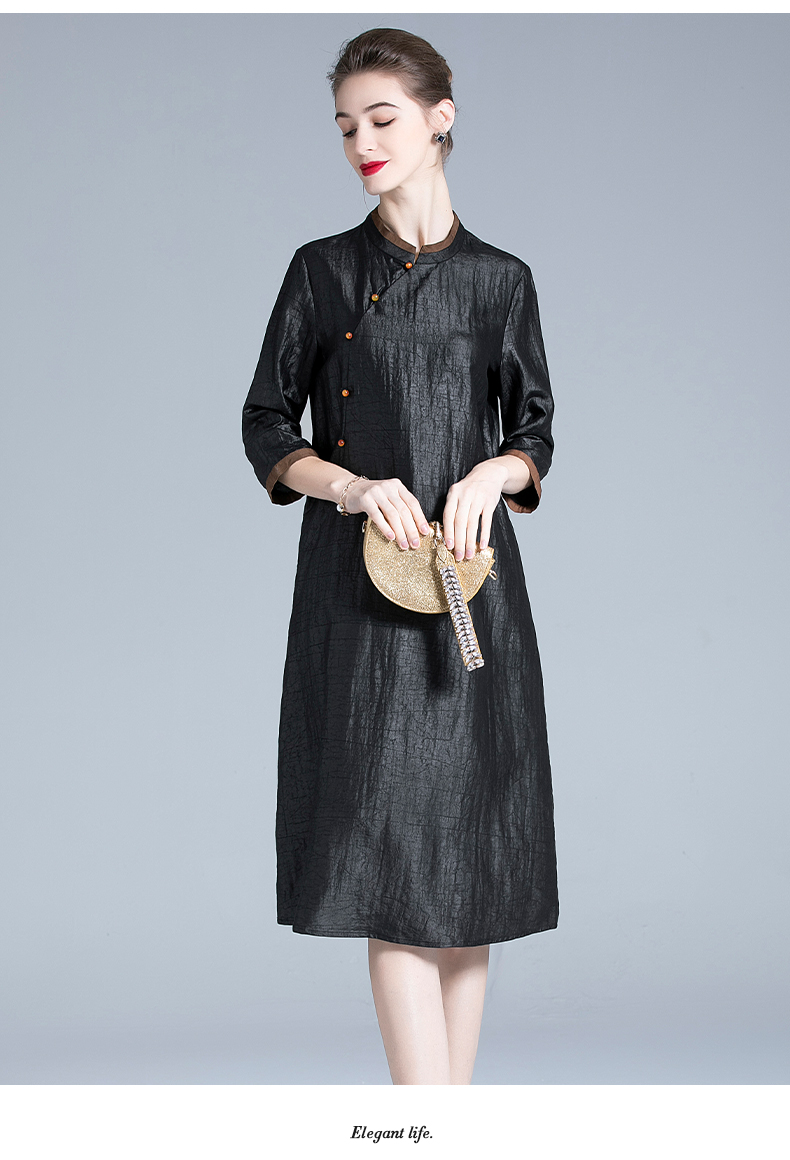 衣路香随品牌真丝龟纹香云纱连衣裙中式复古立领显瘦桑蚕丝中长裙夏