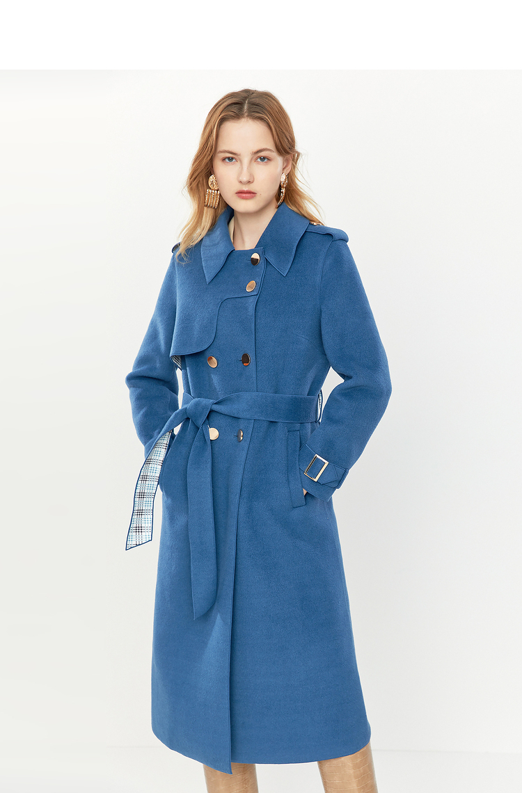 yiner音儿女装2020冬季新款时尚中长款双排扣系带风衣外套 蓝色 42