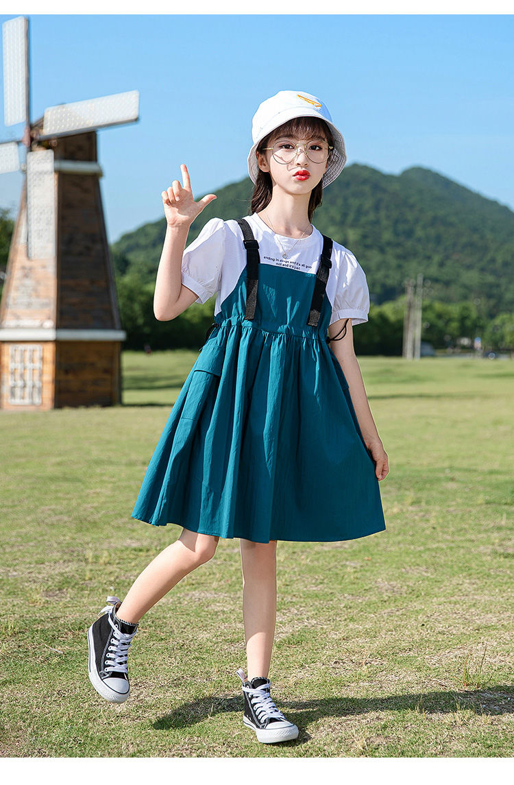 小马努德 3-16岁女孩子夏季薄款休闲拼色连衣裙新款女童洋气甜美泡泡