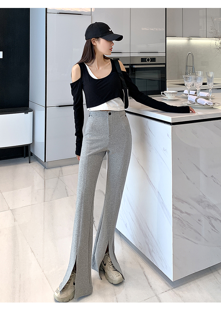 高腰开叉休闲裤女2021春季新款百搭个性显瘦垂感拖地喇叭裤 灰色 s
