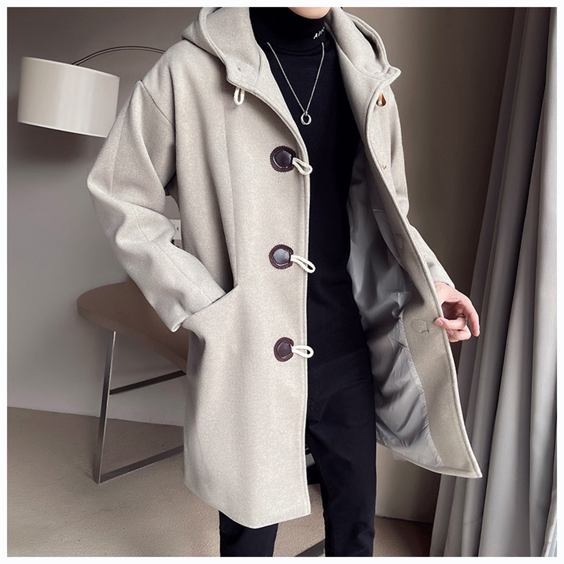 恒源祥彩羊牛角扣毛呢大衣男士秋冬季新款连帽宽松外套男生潮中长款