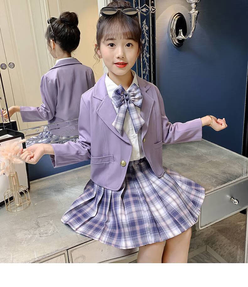 jk制服儿童冬季 jk制服套装全套女童秋冬学院风两件套格子百褶裙西服