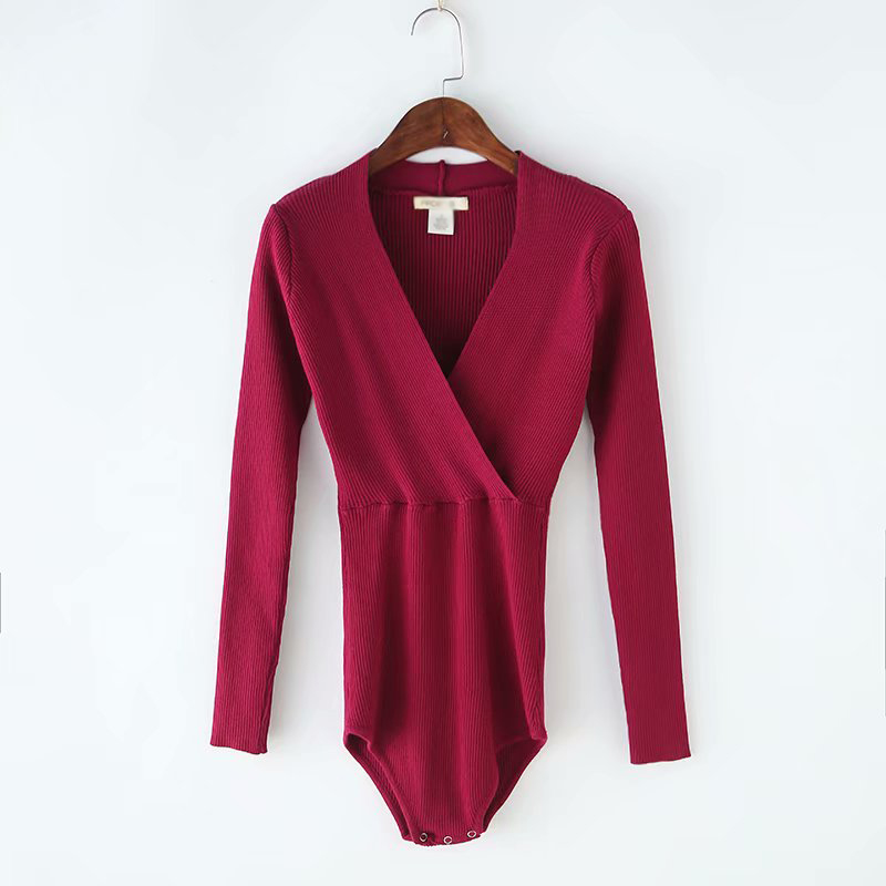 衣秋冬款ins超火上衣欧美高叉连体衣打底衫女v领修身长袖针织衫毛衣