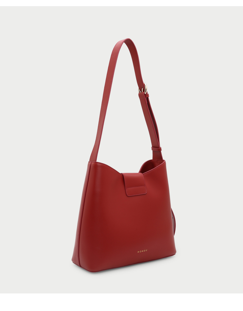 hongu红谷新款时尚潮单肩包牛皮大容量水桶包休闲包包女棕色