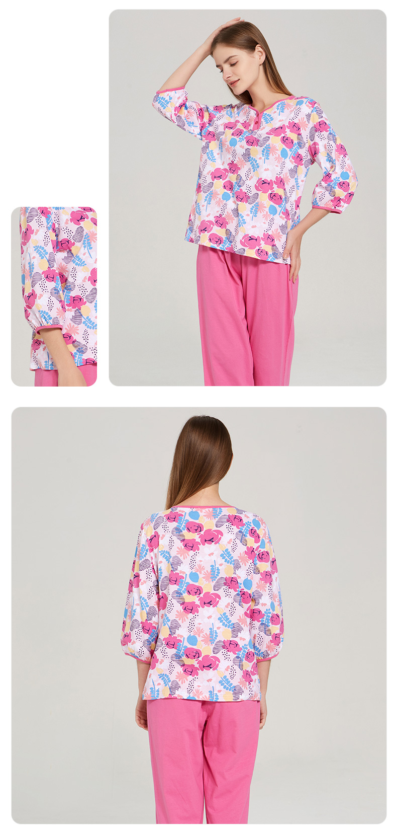 铜牛纯棉家居服睡衣女夏2022新款印花半开襟七分袖家居服套装vj094